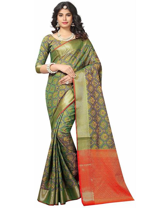 olive woven saree with blouse - 19664096 - Very Small Image - 1