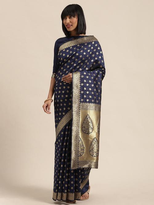 dark blue silk banarasi saree with blouse - 19664181 - Very Small Image - 1