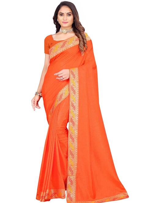 women's bordered orange colored saree with blouse - 19664336 - Very Small Image - 1