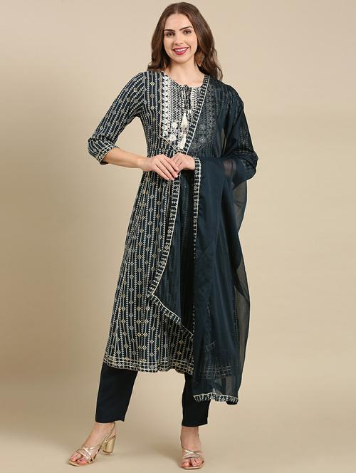 women teal printed printed kurta pant set with dupatta - 19664939 - Very Small Image - 1