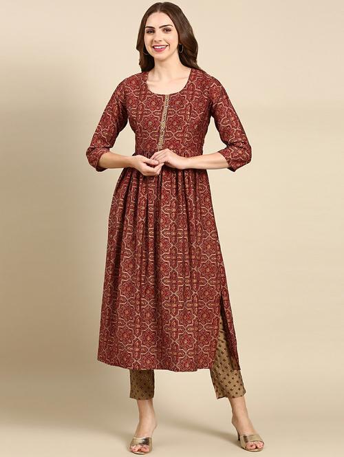 women maroon printed round neck kurta pant set - 19664951 - Very Small Image - 1