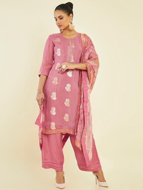 printed a-line unstitched suit - 19665341 - Very Small Image - 1