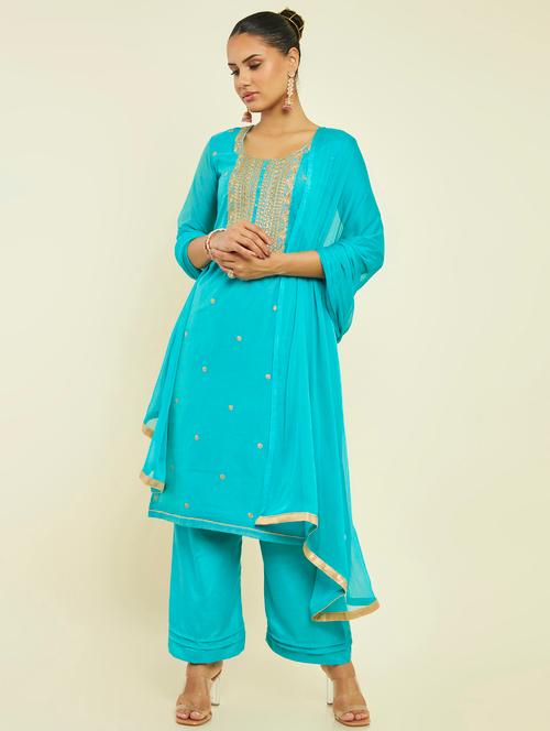 embroidered palazzo unstitched suit - 19665346 - Very Small Image - 1