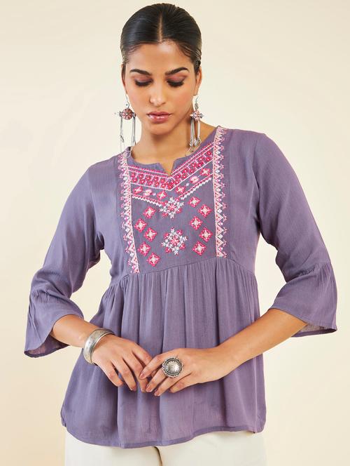 purple embroidered three quarter sleeve tunic - 19665514 - Very Small Image - 1