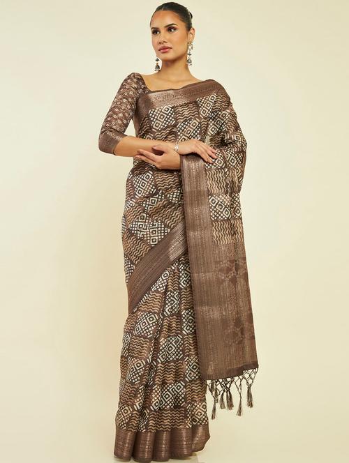 women's printed brown colored saree - 19665581 - Very Small Image - 1