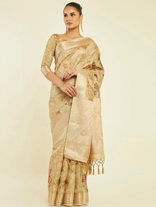 women's self design cream colored saree with blouse - 19665582 - Very Small Image - 1