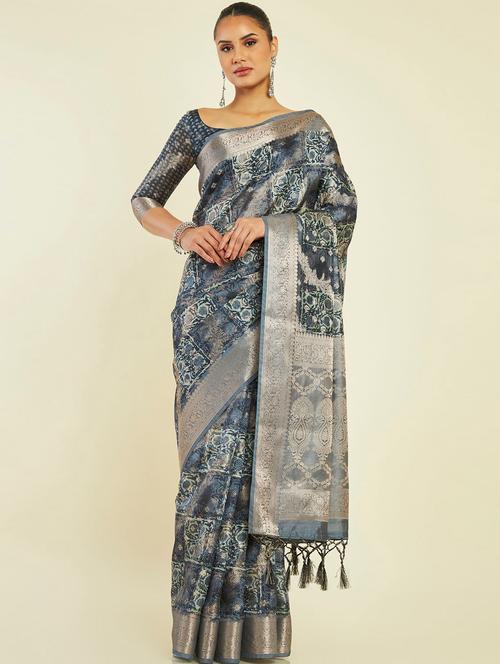 women's self design navy blue colored saree with blouse - 19665585 - Very Small Image - 1