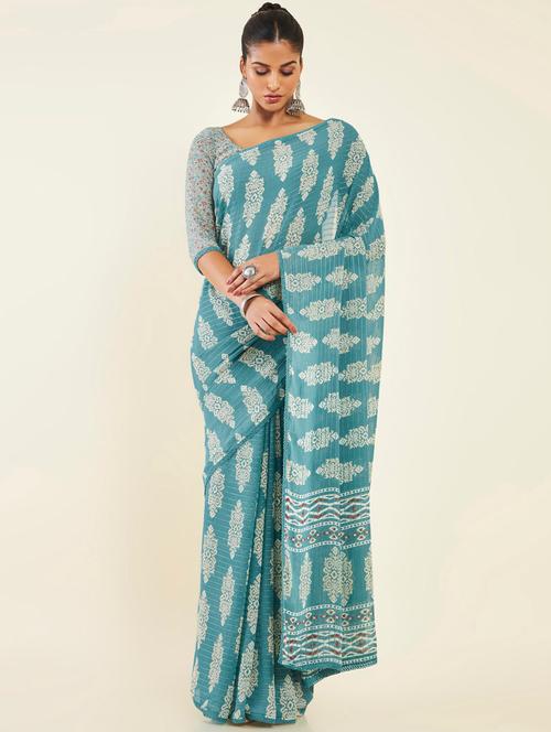 teal printed saree with blouse - 19665589 - Very Small Image - 1