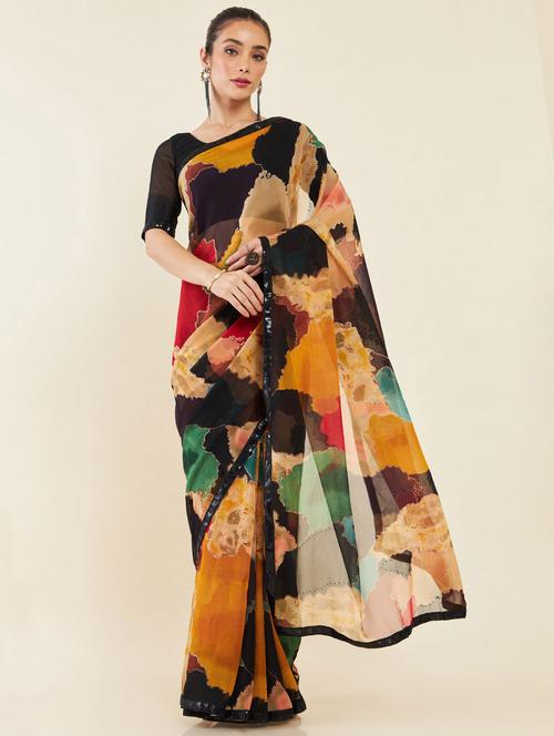 women's abstract multi colored saree with blouse - 19665643 - Very Small Image - 1