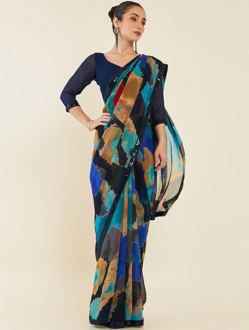women's abstract multi colored saree with blouse - 19665644 - Very Small Image - 1