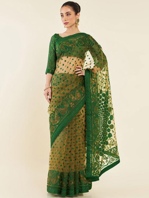 women's printed olive colored saree with blouse - 19665671 - Very Small Image - 1