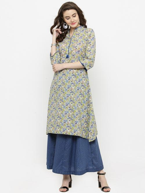 women mandarin collar printed kurta palazzo set - 19670338 - Very Small Image - 1