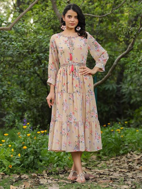 florals prints flared ethnic dress - 19670388 - Very Small Image - 1