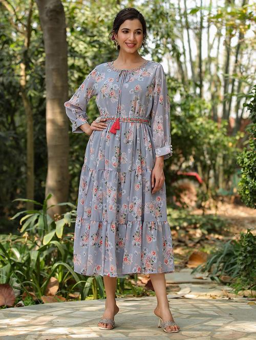 florals prints flared ethnic dress - 19670390 - Very Small Image - 1