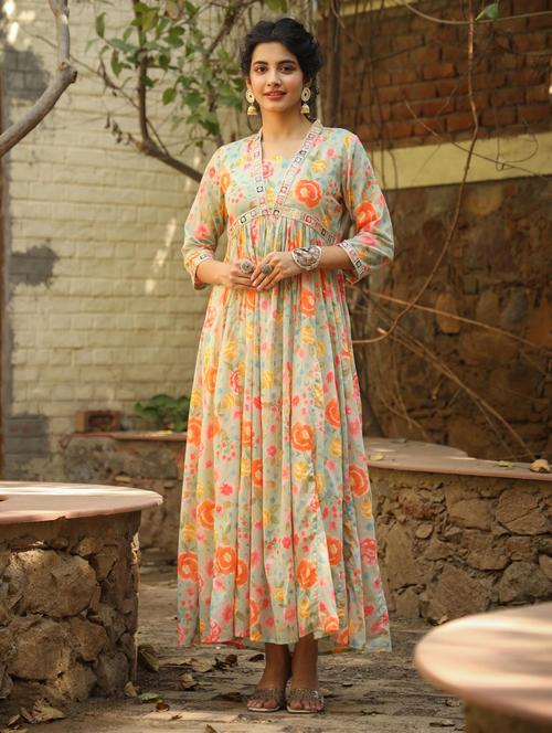 floral print fit and flare ethnic dress with belt - 19670413 - Very Small Image - 1