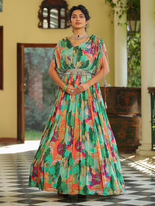 dolmain sleeves green printed flared ethnic dress - 19670424 - Very Small Image - 1