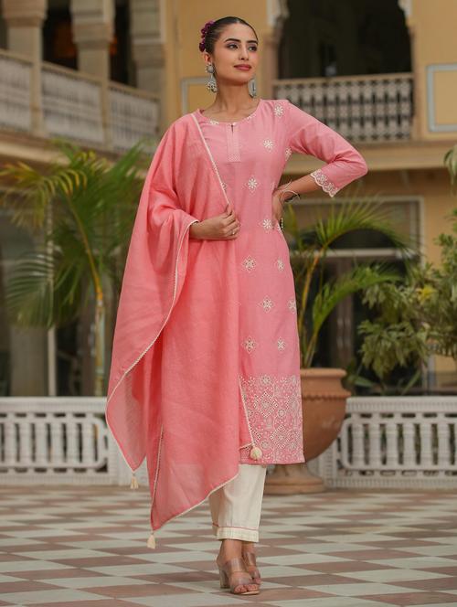 pink chikankari three quarter sleeve suit set - 19670447 - Very Small Image - 1