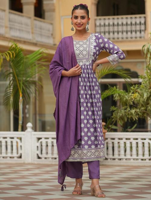 purple printed three quarter sleeve suit set - 19670451 - Very Small Image - 1