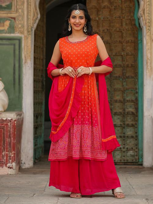 orange printed kurta palazzo set - 19670454 - Very Small Image - 1