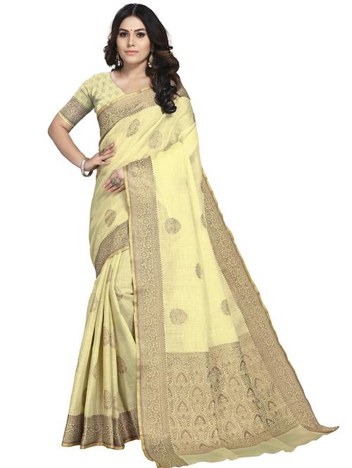 yellow self design woven saree with blouse - 19671697 - Very Small Image - 1