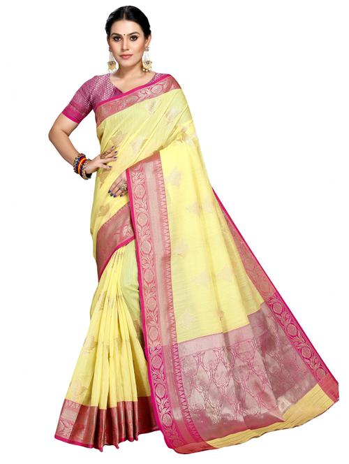 yellow linen banarasi saree - 19671703 - Very Small Image - 1