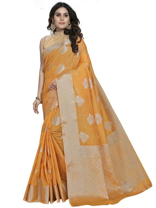 yellow linen banarasi saree with blouse - 19671708 - Very Small Image - 1