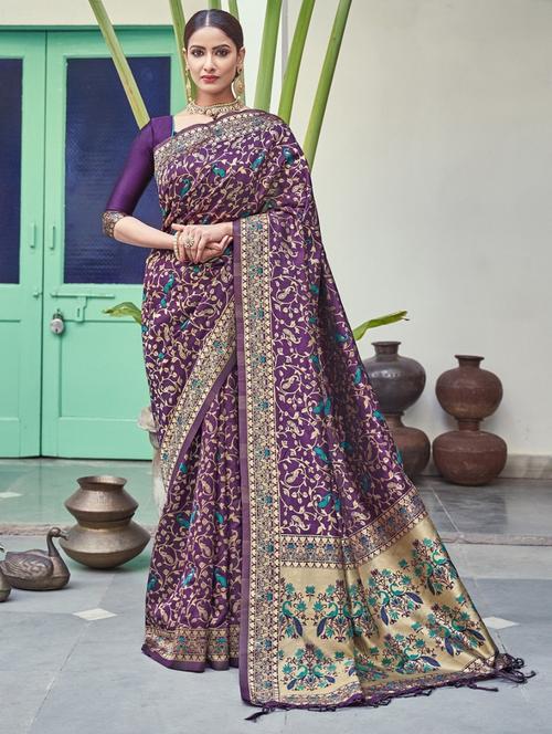 purple silk kanjivaram saree with blouse - 19671774 - Very Small Image - 1