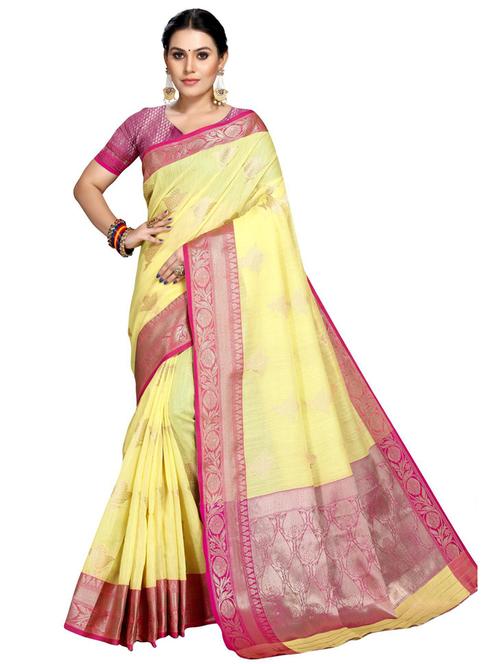 yellow linen banarasi saree with blouse - 19671826 - Very Small Image - 1