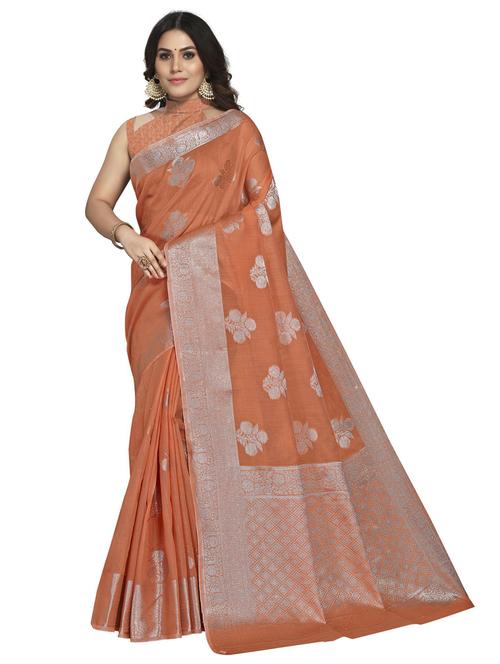 orange linen banarasi saree with blouse - 19671830 - Very Small Image - 1