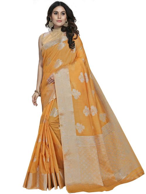 yellow linen banarasi saree with blouse - 19671832 - Very Small Image - 1