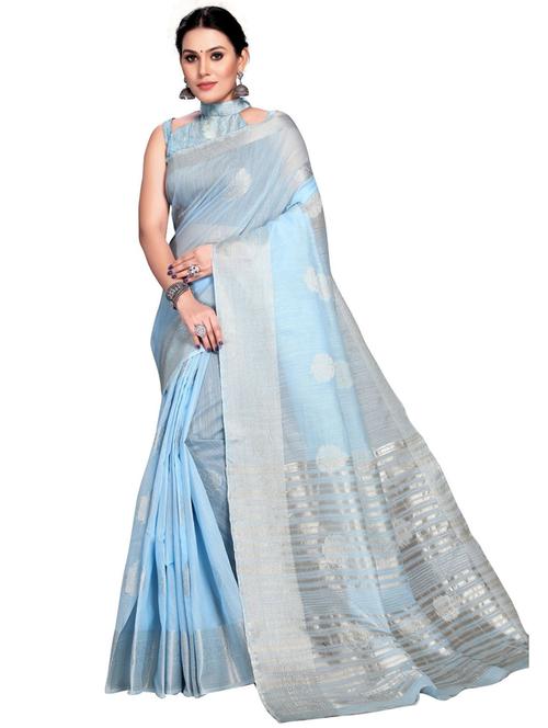light blue linen banarasi saree with blouse - 19671833 - Very Small Image - 1