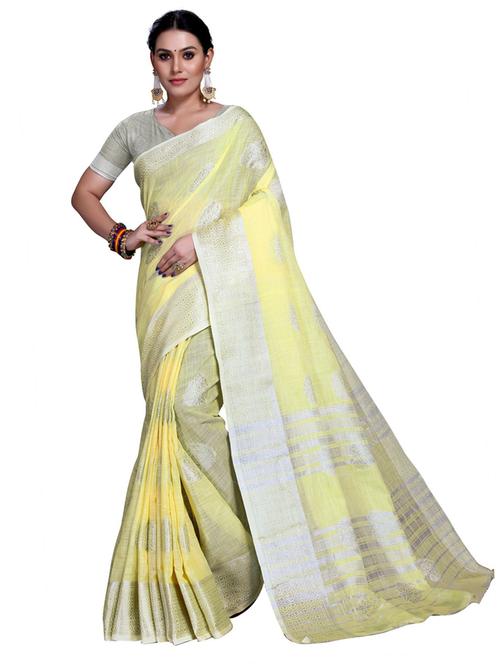 yellow linen banarasi saree - 19671838 - Very Small Image - 1