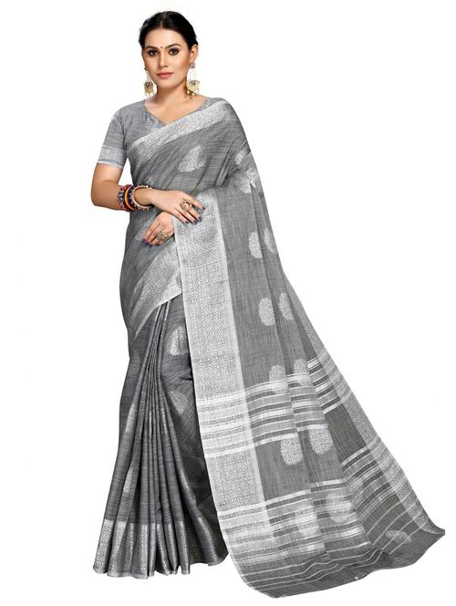 grey linen banarasi saree with blouse - 19671839 - Very Small Image - 1