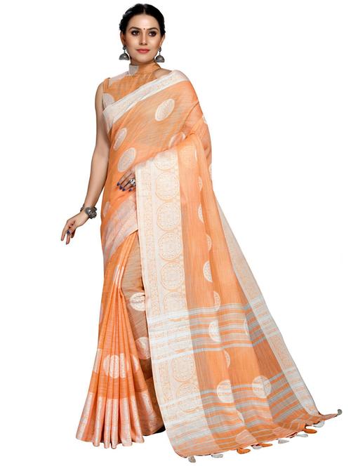 orange linen saree - 19671846 - Very Small Image - 1