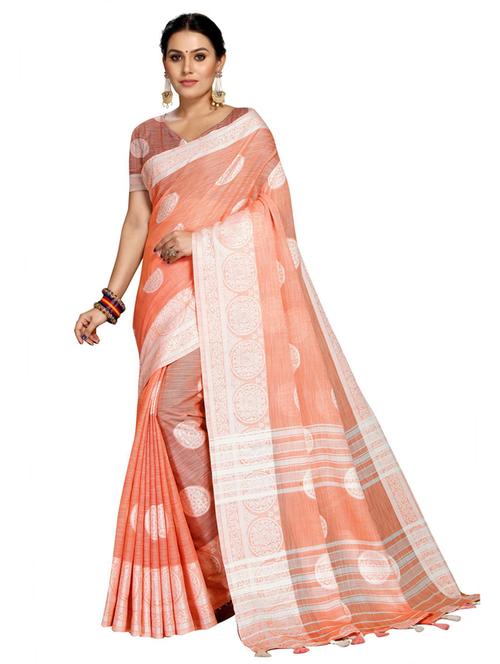 orange linen saree with blouse - 19671848 - Very Small Image - 1