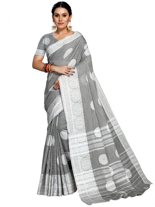 grey linen handloom saree with blouse - 19671849 - Very Small Image - 1