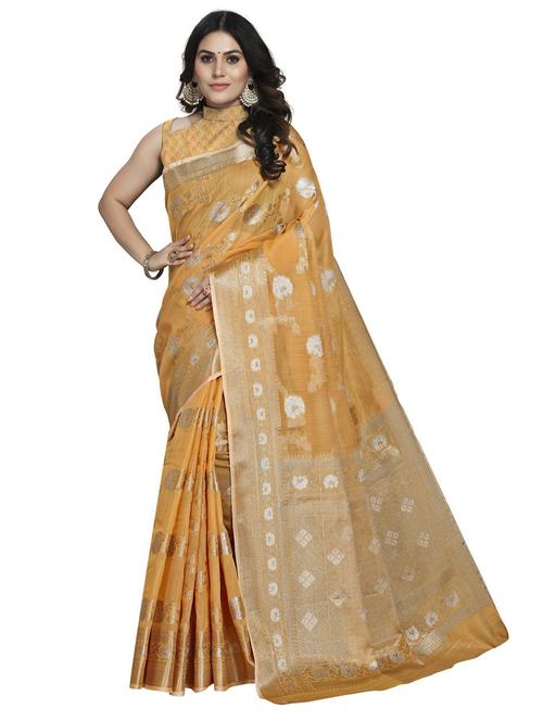 orange linen banarasi saree with blouse - 19671850 - Very Small Image - 1