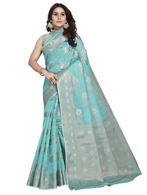 light blue linen banarasi saree with blouse - 19671851 - Very Small Image - 1