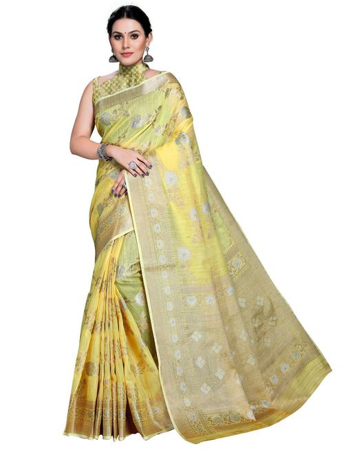 yellow linen banarasi saree - 19671855 - Very Small Image - 1
