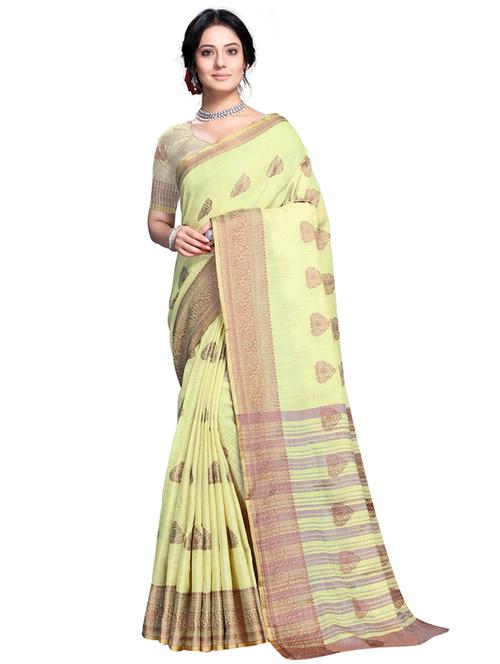 yellow linen banarasi saree with blouse - 19671868 - Very Small Image - 1