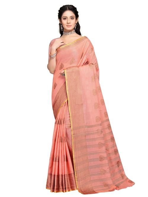 orange linen banarasi saree with blouse - 19671872 - Very Small Image - 1