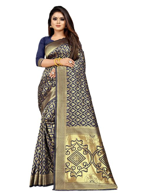 dark blue silk saree with blouse - 19684724 - Very Small Image - 1