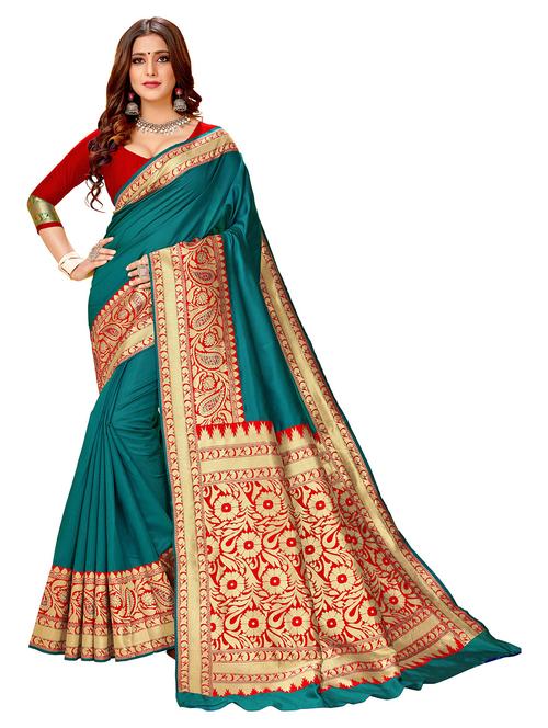 teal woven saree with blouse - 19684730 - Very Small Image - 1