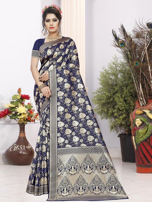 dark blue silk assam saree with blouse - 19684741 - Very Small Image - 1