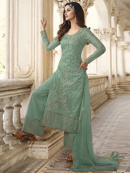 olive embroidered semi-stitched palazzo suit - 19684850 - Very Small Image - 1