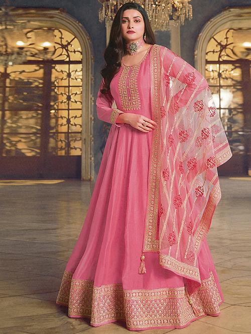 pink embroidered semi-stitched anarkali suit set - 19688588 - Very Small Image - 1
