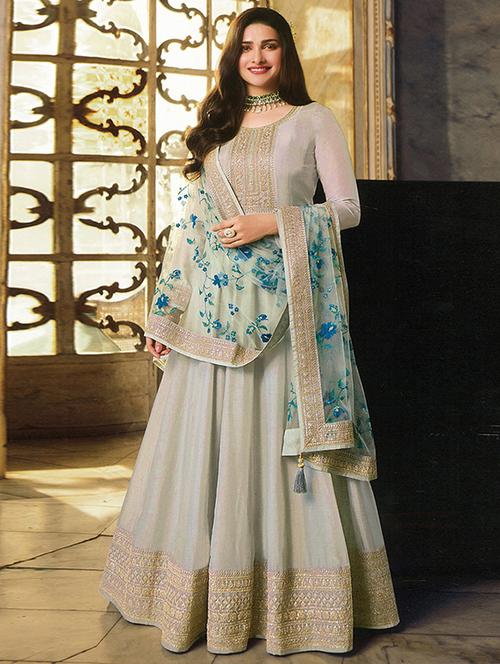 grey embroidered semi-stitched churidaar suits - 19688594 - Very Small Image - 1