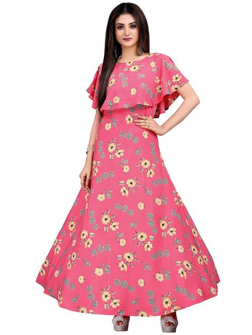 women boat neck printed flared gown - 19689824 - Very Small Image - 1