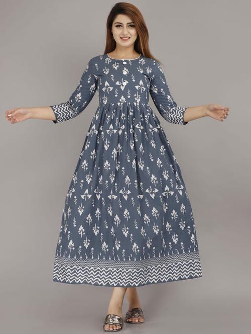 grey printed three quater sleeves flared dress - 19690180 - Very Small Image - 1