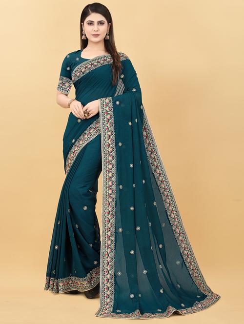 solid embroidered woven saree with blouse - 19690447 - Very Small Image - 1